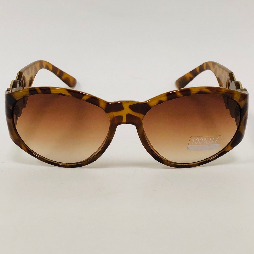 BROWN TORTOISE GOLD LION HEAD MEDALLION SQUARE SUNGLASSES RETRO DESIGNER FASHION - Picture 2 of 4